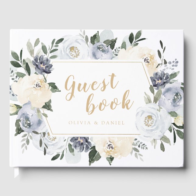 Livre D'or Mariage floral bleu pâle fleuri botanique (Recto)