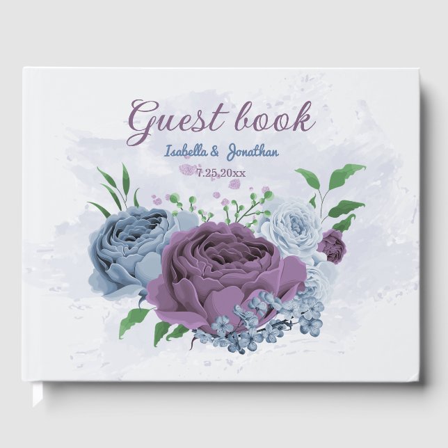 Livre D'or Mariage floral bleu pourpre (Recto)