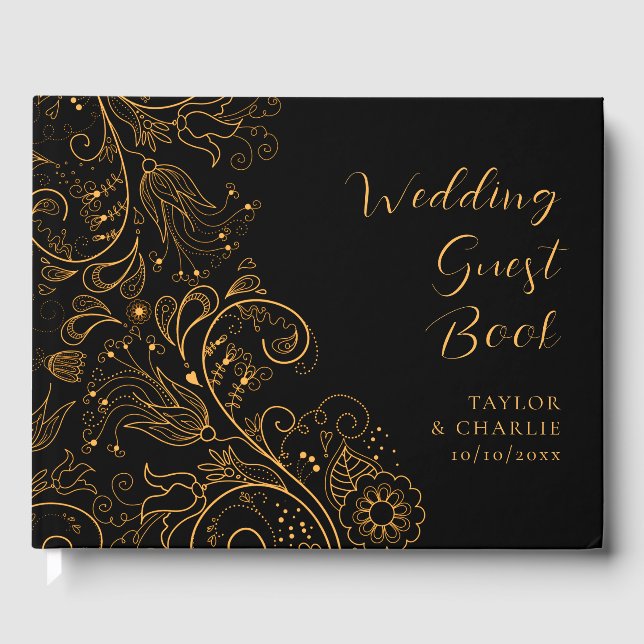 Livre D'or Mariage floral élégant or et noir (Recto)
