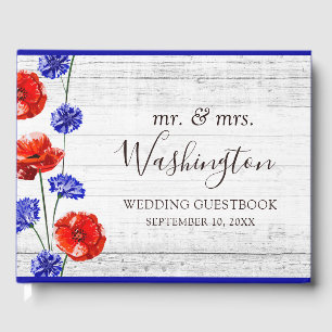 Livre D'or Mariage floral en bois rustique et pavot rouge