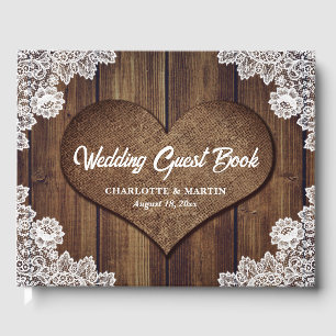 Livre D'or Mariage Floral en Dentelle de Cœur Toile de Jute B