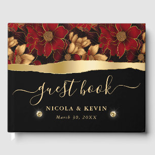 Livre D'or Mariage floral en marbre rouge noir et or