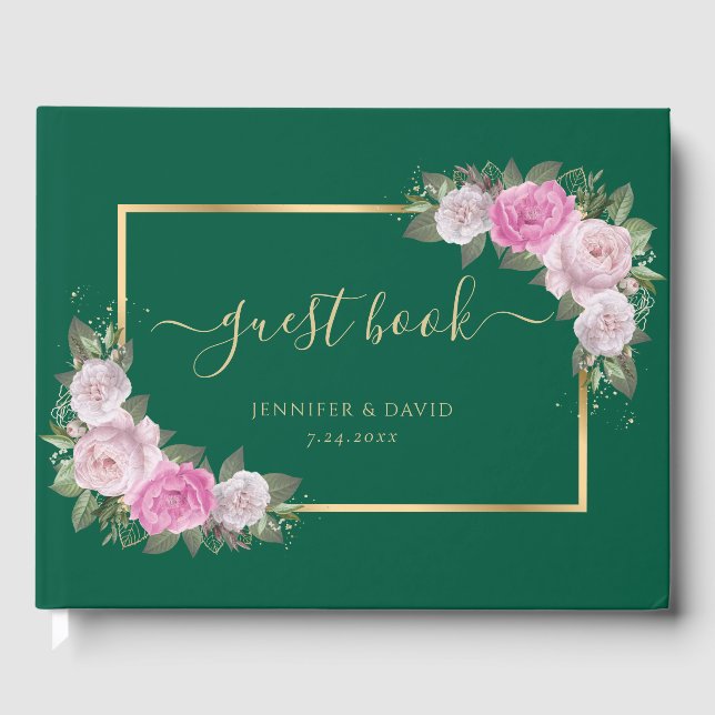 Livre D'or Mariage floral moderne Emerald Green Gold Blush (Recto)