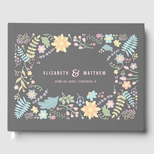 Livre D'or Mariage floral moderne gris-bleu rose (Recto)