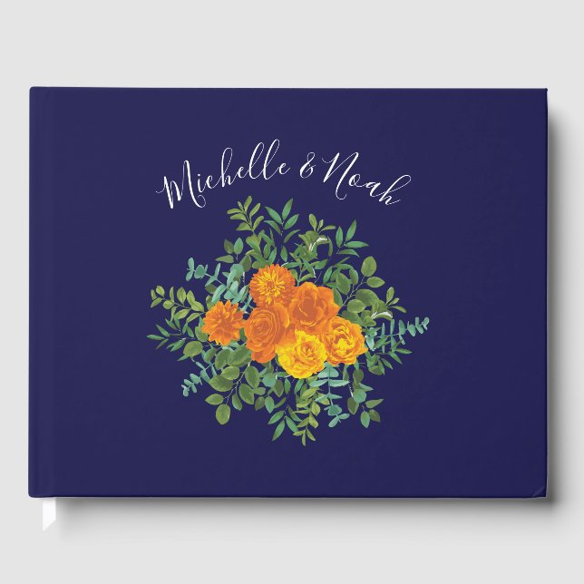 Livre D'or Mariage Floral Moderne Rose Bleu & Orange (Recto)