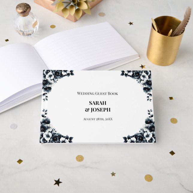 Livre D'or Mariage floral noir et blanc élégant (Recto ouvert)