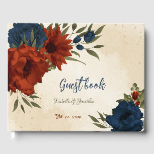 Livre D'or mariage floral orange brulé et bleu marine
