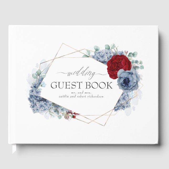 Livre D'or Mariage floral rouge bordeaux et bleu roux (Recto)
