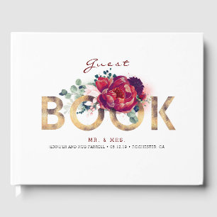 Livre D'or Mariage floral rouge et or de Bourgogne