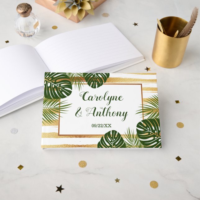 Livre D'or Mariage Gold Foil & Green Palm Leaf Beach (Recto ouvert)