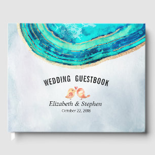 Livre D'or Mariage Guestbook Aquarelle Turquoise Gold Agate G