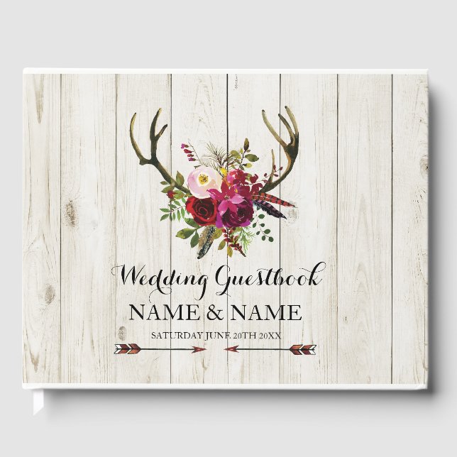 Livre D'or Mariage GuestBook Stag Antlers Wood Floral Rustic (Recto)