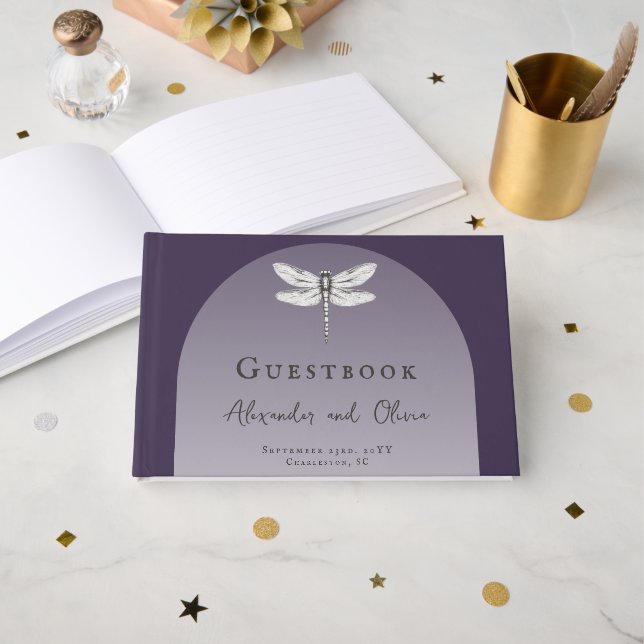 Livre D'or Mariage Libellule Violet Foncé (Recto ouvert)