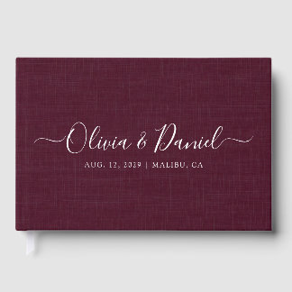 Livre D'or Mariage minimaliste écriture faux lin bordeaux rou