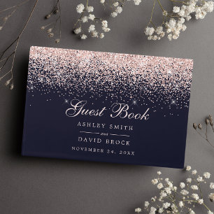 Livre D'or Mariage Moderne Chic Bleu Nuit Confettis Rose Doré