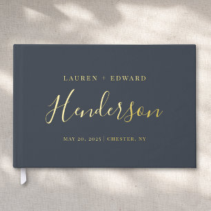 Livre D'or Mariage Moderne Dark Navy et Or avec Nom de Famill