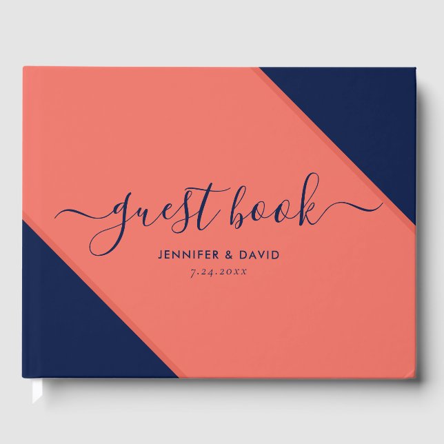 Livre d'or Mariage moderne Marine Blue and Coral (Recto)