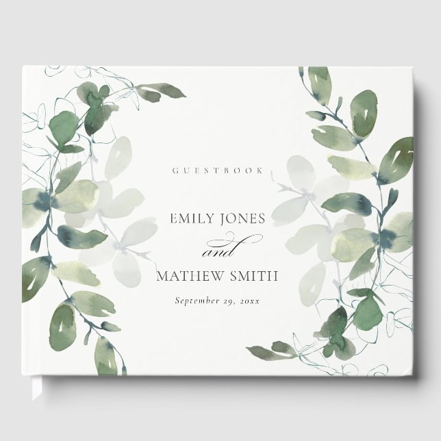 LIVRE D'OR MARIAGE MODERNE VERT EUCALYPTUS FOLIAGE EAU COULEU (Recto)