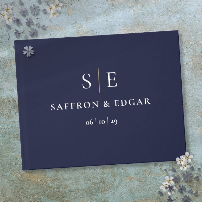 Livre D'or Mariage Monogramme bleu et or de la marine (Navy Blue And Gold Monogram Wedding Guest Book)