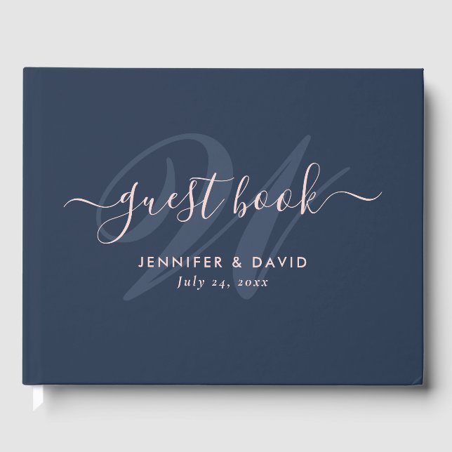 Livre D'or Mariage Monogramme bleu marine moderne et blanc (Recto)