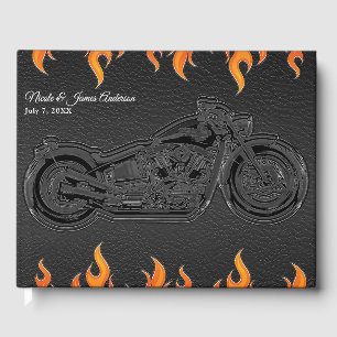 Livre D'or Mariage Motard en Cuir Noir et Flammes Orange