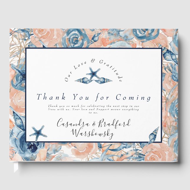 Livre D'or Mariage nautique Beach Coquille de mer Fleurs Rose (Recto)