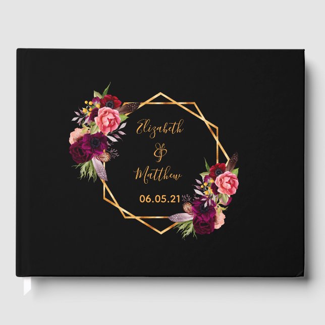 Livre D'or Mariage noir or géométrique floral bordeaux (Recto)