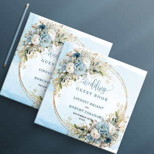 Livre D'or Mariage Paillettes Dorées Floral Végétal Bleu Pous