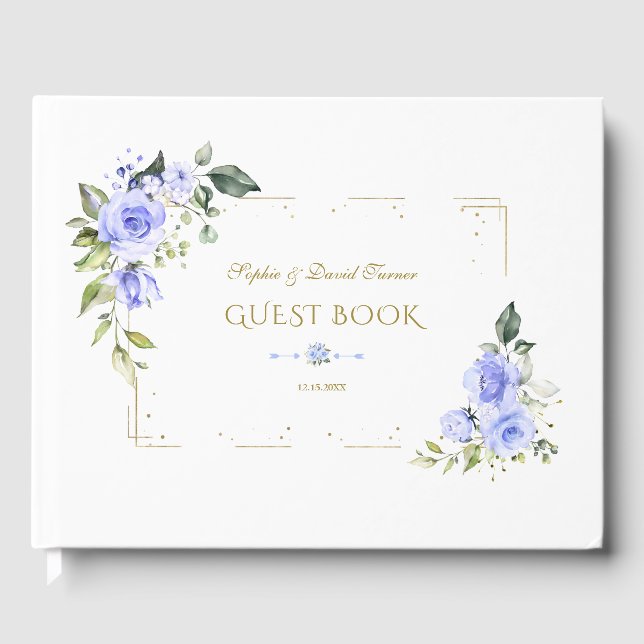 Livre D'or Mariage Parties scintillant  or Fleurs bleues (Recto)