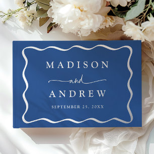 Livre D'or Mariage photo avec cadre ondulé bleu et argent mod