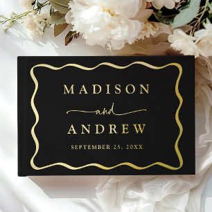 Livre D'or Mariage photo avec cadre ondulé noir et or moderne