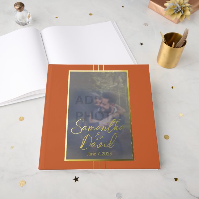 Livre D'or Mariage photo en terre cuite Foil Guestbook (Recto ouvert)