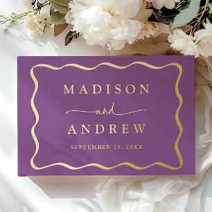 Livre D'or Mariage photo moderne violet et doré Wavy Frame