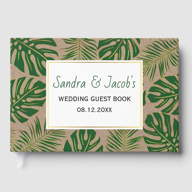 Livre D'or Mariage rustique feuille vert et or tropical (Recto)