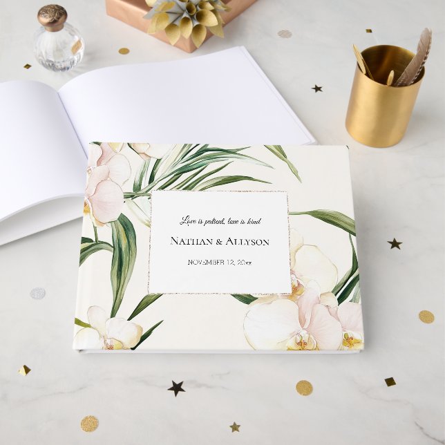 Livre D'or Mariage Tropical White Orchid Flowers (Recto ouvert)