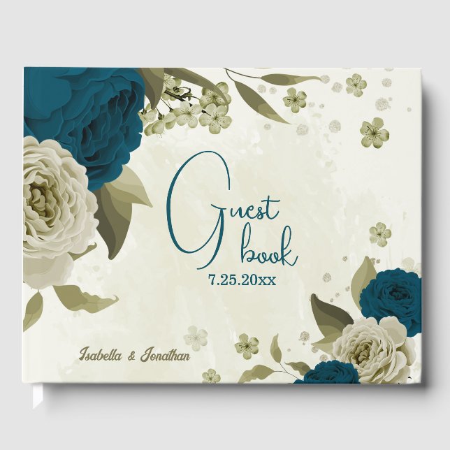 Livre D'or mariage turquoise bleu beige à fleurs (Recto)
