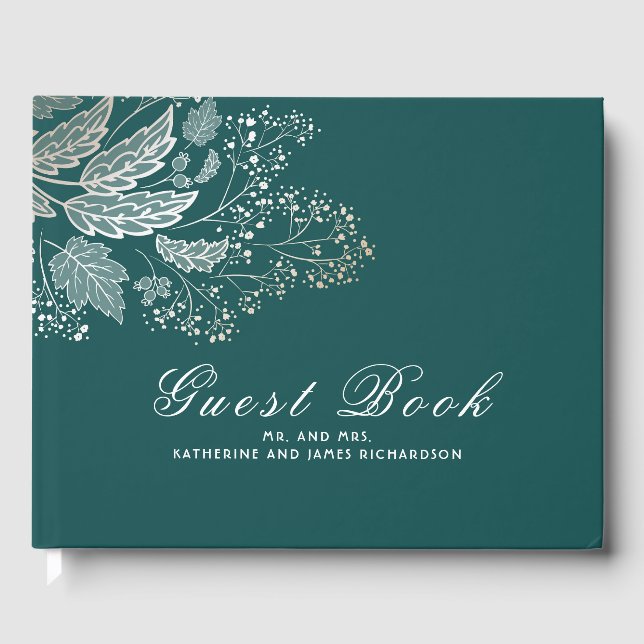 Livre D'or Mariage turquoise et Gold Foliage élégant (Recto)
