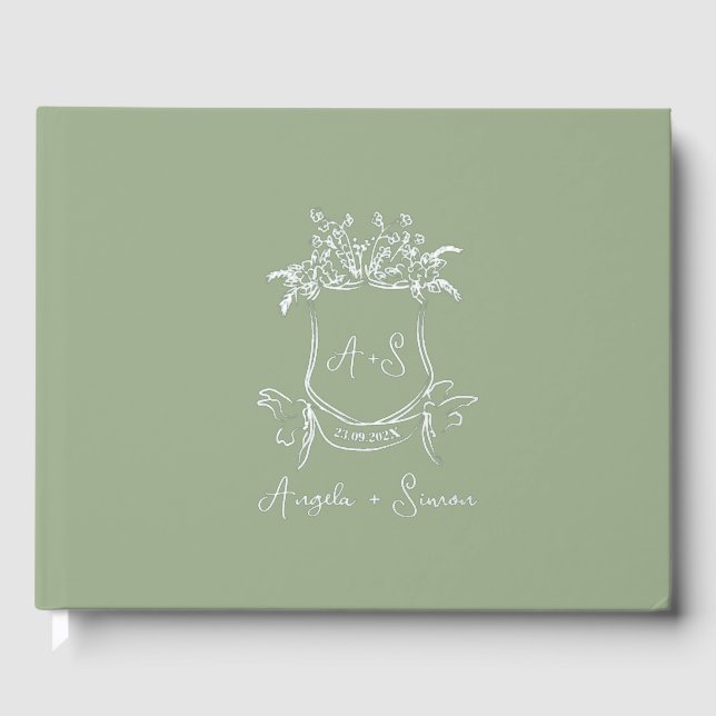 Livre D'or Mariage vert à huile d'argent Monogramme Sage (Recto)