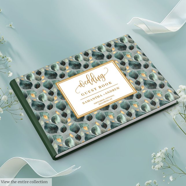 Livre d'or mariage vert profond avec verdure (Deep green gold wedding guest book with greenery art

)
