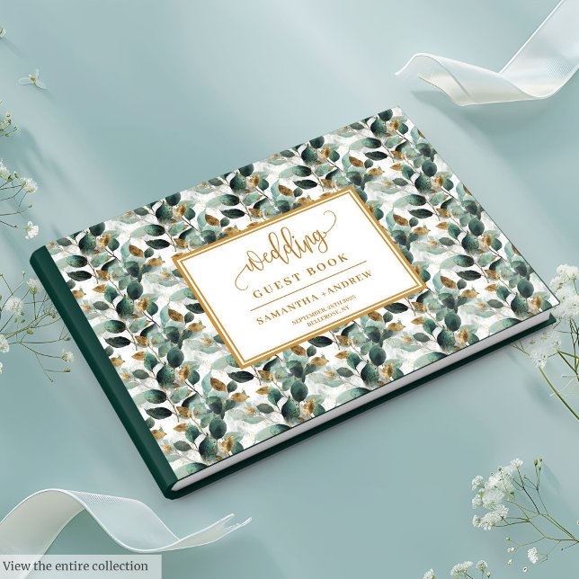 Livre d'or mariage vert profond avec verdure (Deep green gold wedding guest book with greenery

)