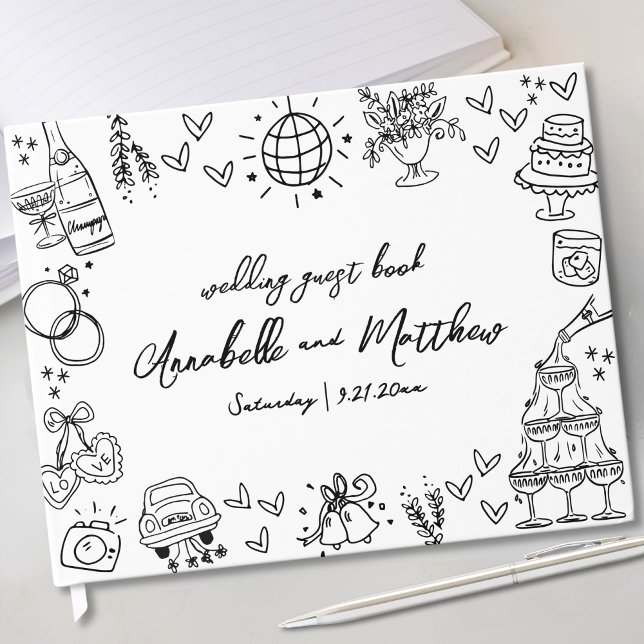 Livre D'or Mariage Whimsical Quirky tiré à la main (Hand Drawn Quirky Whimsical Wedding Guest Book )