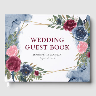Livre D'or Marine Bleu Bourgogne Or Mariage floral géométriqu