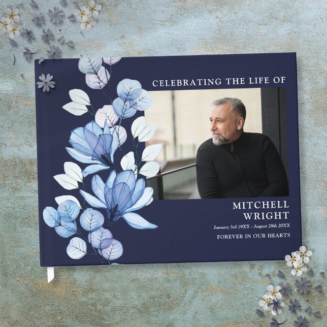 Livre D'or Marine Blue Floral Funérailles Célébration De La V (Navy Blue Floral Funeral Celebration Of Life Photo Guest Book)