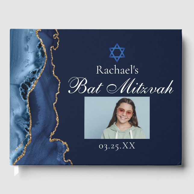 Livre D'or Marine Blue Gold Agate Bar Mitzvah Party Photo (Recto)