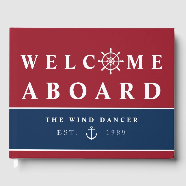 Livre D'or Marine Blue Nautical Welcome Aboard Nom du bateau (Recto)