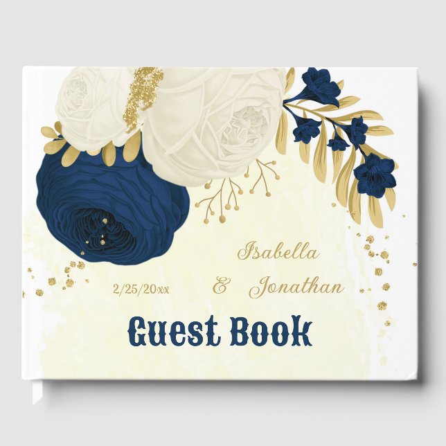 Livre D'or marine & fleurs blanches or mariage botanique (Recto)
