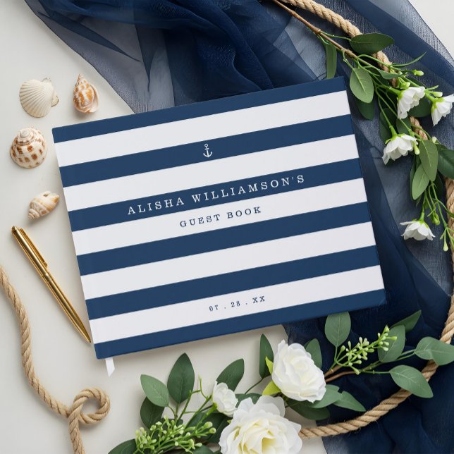 Livre D'or Marine marine et Ancre océanique à bande blanche (Nautical Navy & White Stripe Ocean Anchor Guest Book)