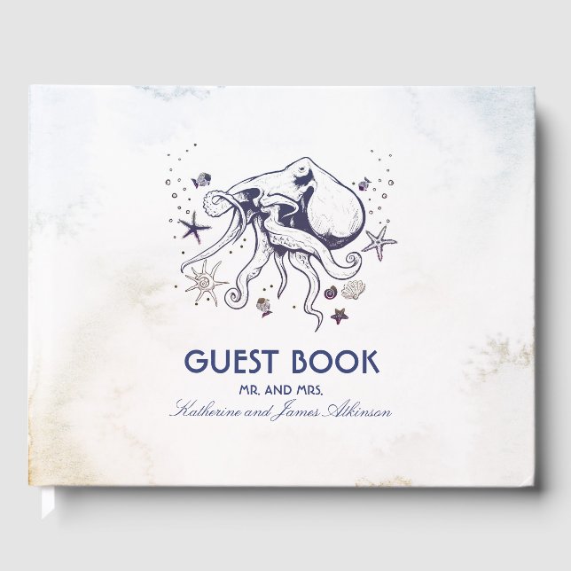 Livre D'or Marine Octopus Beach Aquarelles Mariage nautique (Recto)