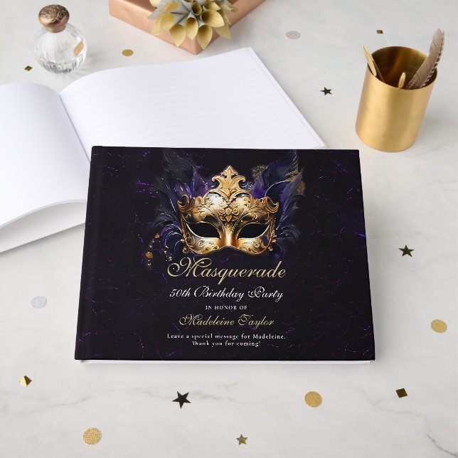 Livre D'or Masquerade Mask Gold Purple Dramatic 50th Birthday (Recto ouvert)