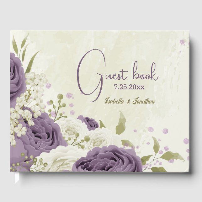 Livre D'or mauve fleurs blanches verdure mariage (Recto)